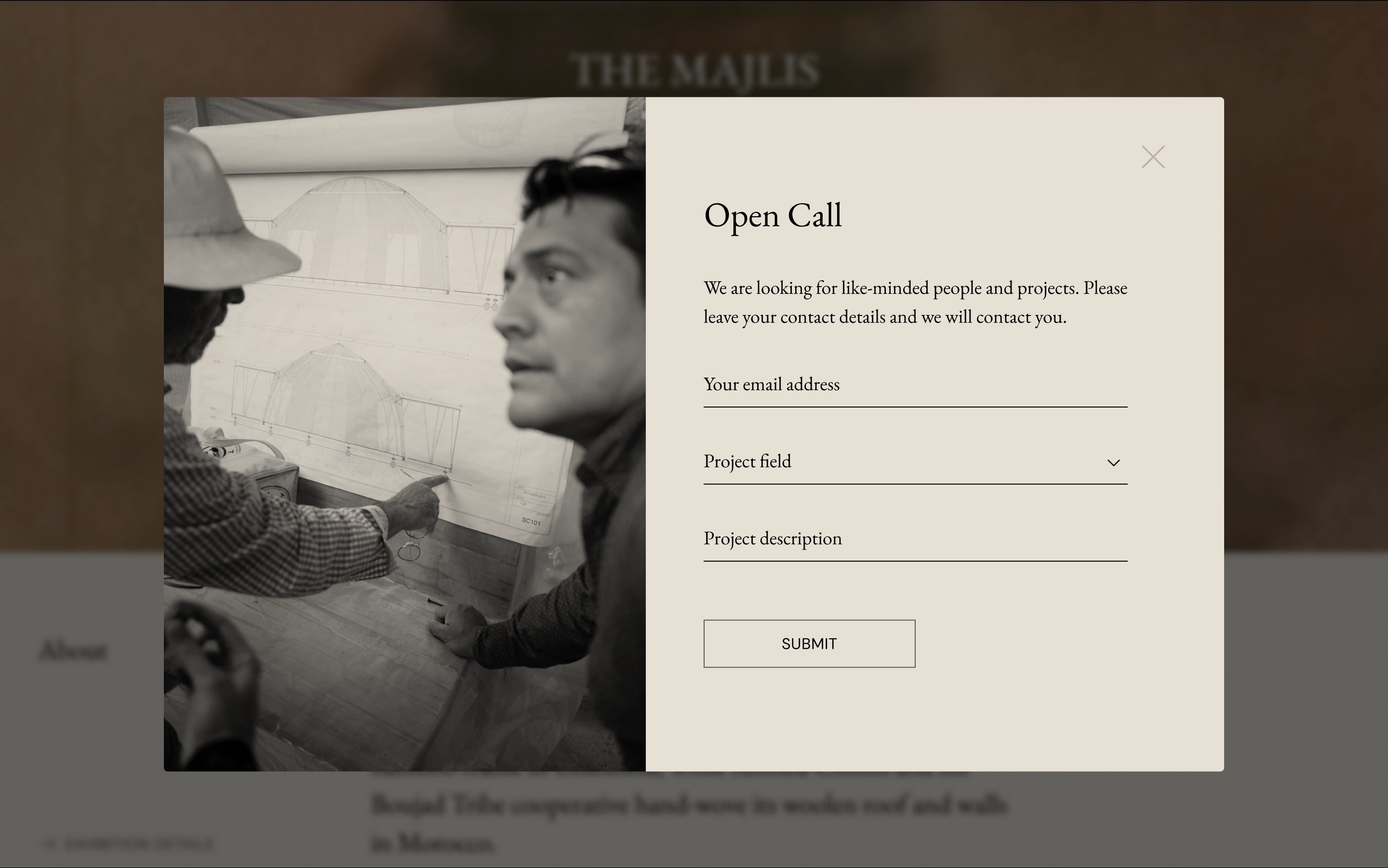 Webpage for a non-profit cultural organization for Venice Biennale with a registration window
