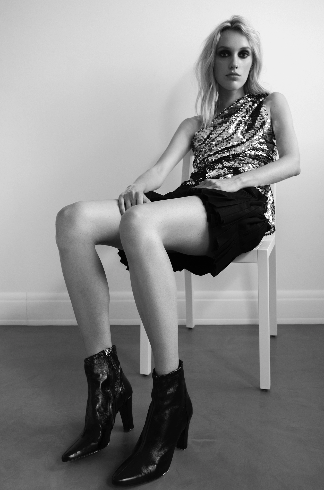 Fashion photograph of a female model in monochrome
