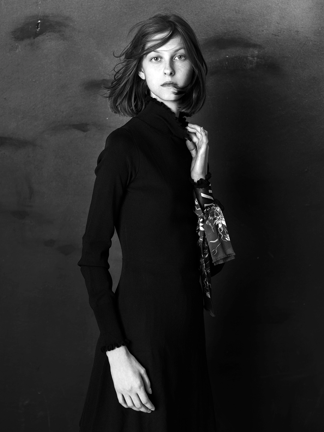 Fashion photograph of a female model in monochrome