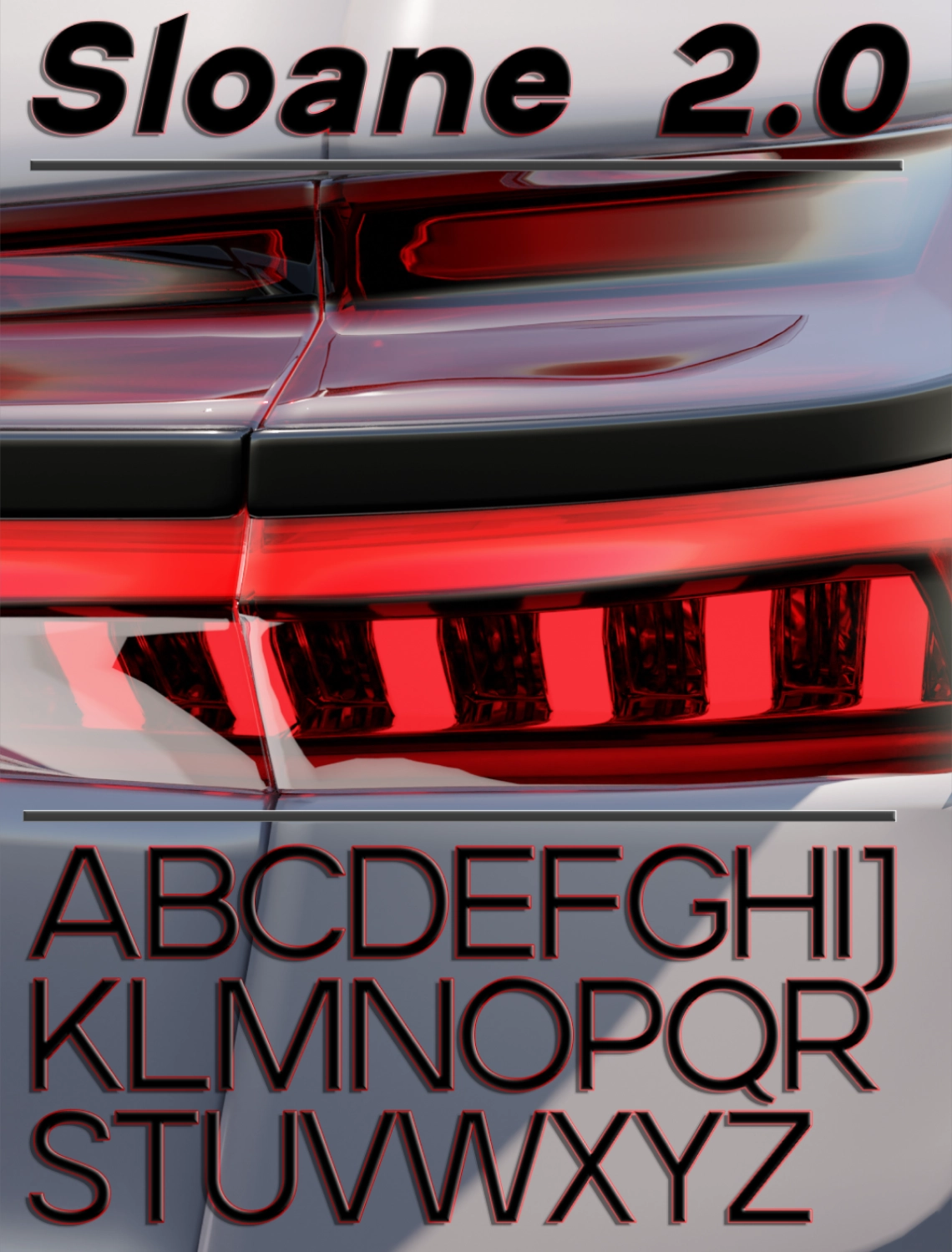Font showcase with a car render behind